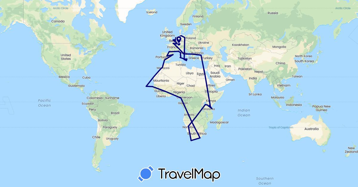 TravelMap itinerary: driving in Belgium, Cameroon, Cape Verde, Germany, Spain, France, Italy, Kenya, Morocco, Monaco, Netherlands, Senegal, Turkey, Tanzania, South Africa (Africa, Asia, Europe)